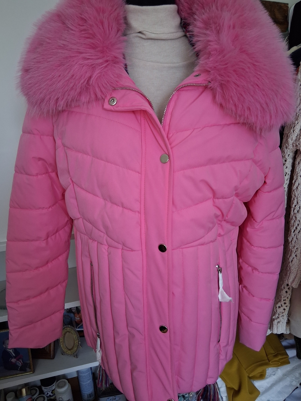 Womens Pink Puffer Coat with Faux Fur Collar